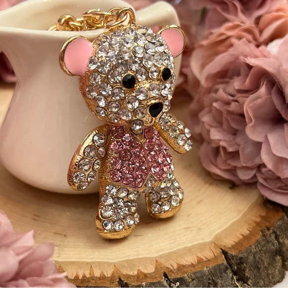 Pink and Silver Crystal Teddy Bear Keychain Charm - Picture 4 of 13